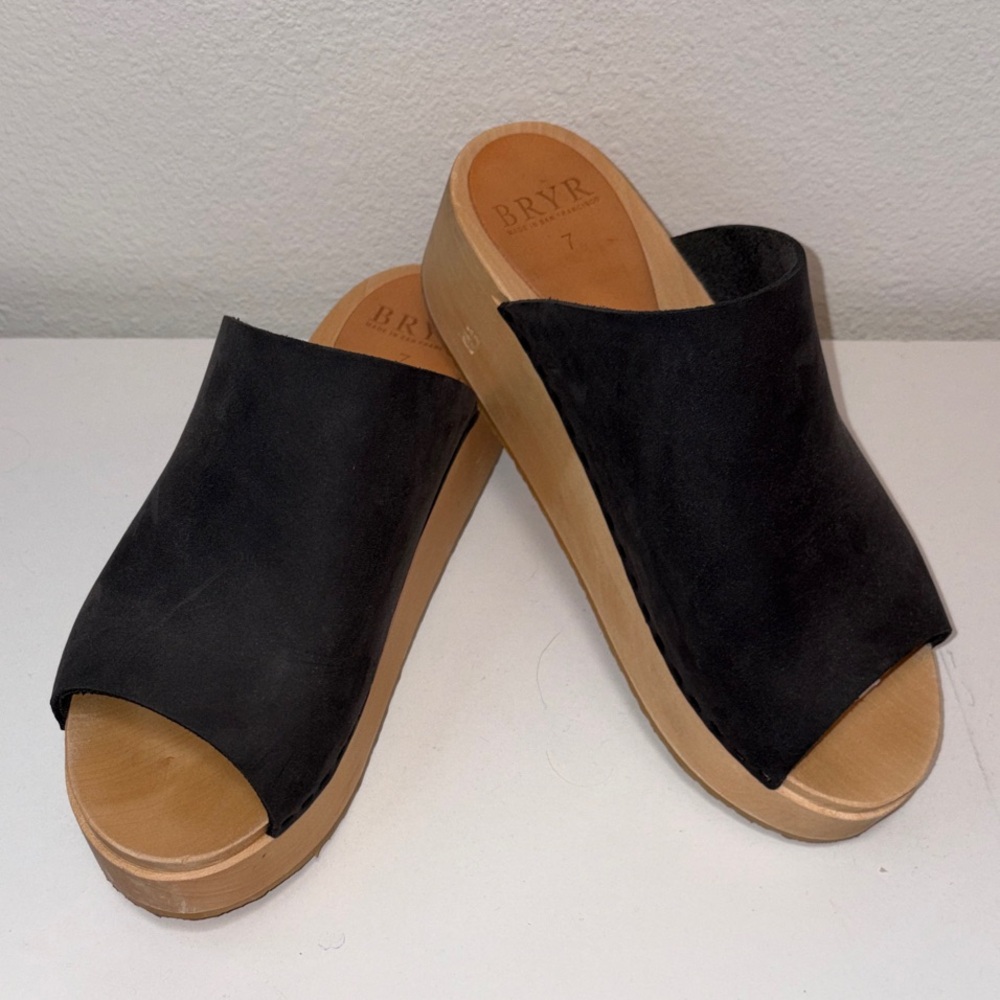 BRYR “Norma” Coal Nubuck Platform Mule Slides with Wood Sole